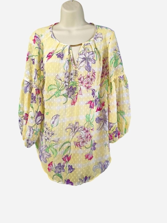 Liz Claiborne Tops - Liz Claiborne Yellow Floral Tie-Front Peasant Blouse with Purple & Pink Flowers